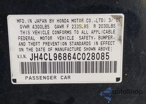 2004 Acura Tsx from USA, damaged, VIN JH4CL96864C028085